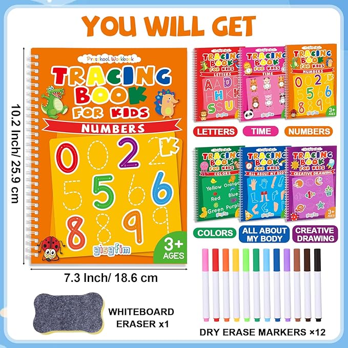 gisgfim Preschool Learning Activities 96 Pages Tracing Books for Kids Ages 3-5 Kindergarten Workbooks Dry Erase Autism Learning Workbook Writing Practice for Kids Letter Tracing Pre K Busy Book 6 Pads