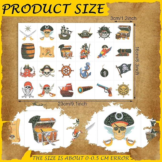 Landhoow 240 Pcs Pirate Tattoos Temporary for Kids Glitter Face Tattoos Cool Body Sticker Costume Accessory for Adults Boys Girls Party Favor