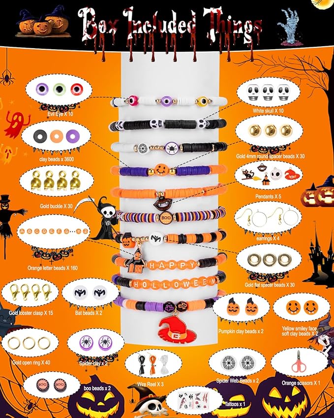 Goldwise Halloween Beads Friendship Bracelet Kit,2 Boxes with Halloween Clay Beads and Orange Letter (A-Z) for Jewelry Making, Varieties of Charms Jewelry Making,DIY Crafts for Party