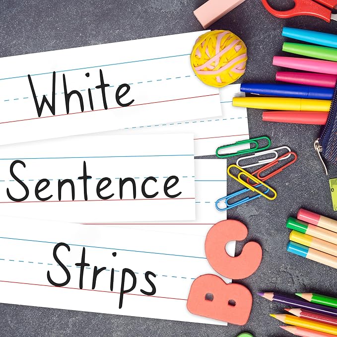 Chell Short Sentence Strips Cardstock 3” x 12”, White Ruled Word Learning Strips Nameplates for Teacher Supplies, Pack of 80