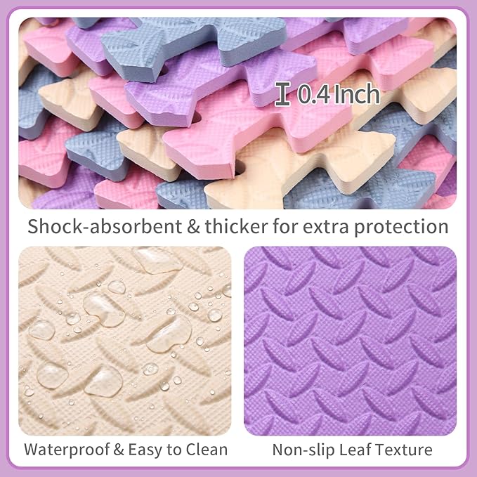 36 Tiles Foam Play Mat for Baby, 0.4 Inch Thick Foam Interlocking Floor Mats, Non-Toxic Baby Playmat, Solid Colored Puzzle Play Mat Kids Floor Mats for Toddler(Beige/Pink/Purple/Gray Blue)