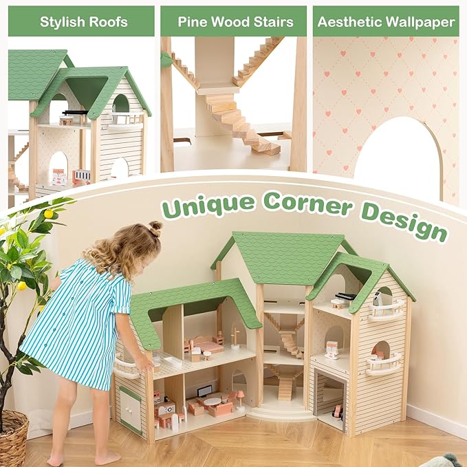 GLACER Wooden Dollhouse, Pretend House w/ 6 Rooms, 3 Storytelling, Ample Accessories, Stair & Door, Ideal Gift for Kids 3+ Years Old