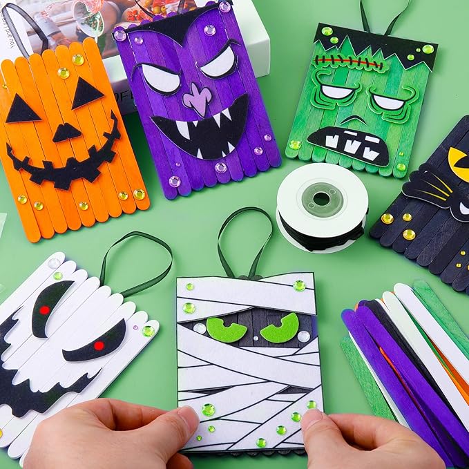 NRWRTY 25 Sets Halloween Crafts Kits,Arts and Crafts with DIY Ghost Pumpkin Felt Stickers Craft Sticks for Halloween Party Favors
