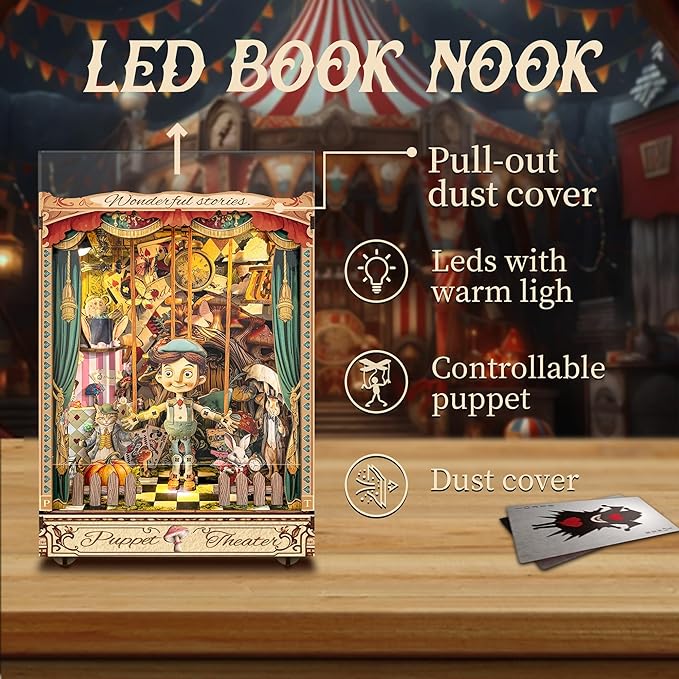 [2025 New] Puppet Theater Book Nook Kit with Dust Cover & LED Light, DIY Miniature House Kit Toy, 3D Wooden Puzzle Bookshelf Decor Building Kit, Birthday Gifts for Family & Friends