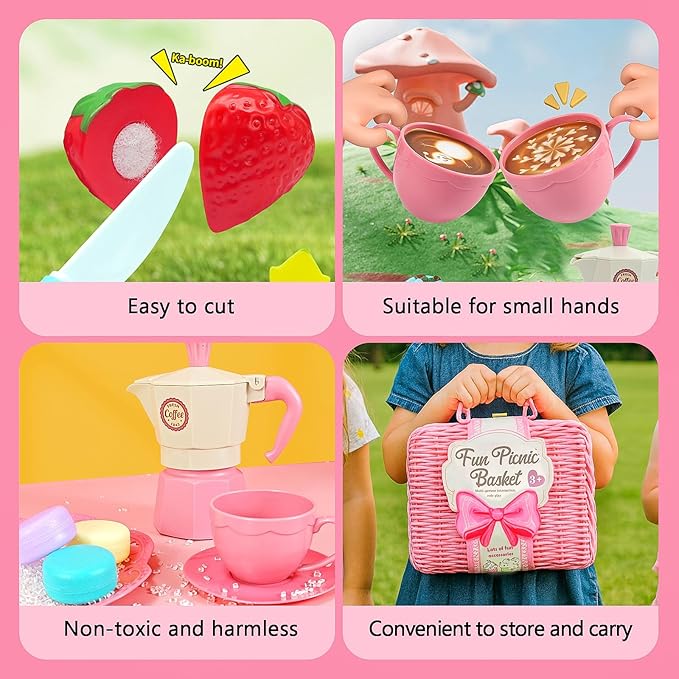 Pink Pretend Afternoon Tea Party Set with Storage Basket, Play Food & Accessories for Girls, Tea Party Set for Toddlers Indoor Outdoor Pretend Play, Kids Picnic Basket Toy Gift for Ages 3-8