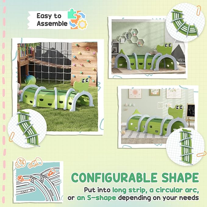 Qaba Crocodile Tunnel, Toddler Tunnel for Kids Crawl and Climb Through, Kids' Play Structure Indoor Outdoor, 4 Sections, Green