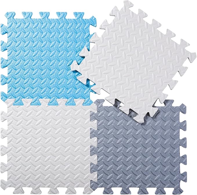 Foam Floor Mats for Kids, 12 x 12 Inch 16 Tiles 0.4" thickness Foam Play Mat, Non-Toxic Square Interlocking Floor Mats Rubber Baby Play Mat for Toddlers(White/Gray/Light Blue)