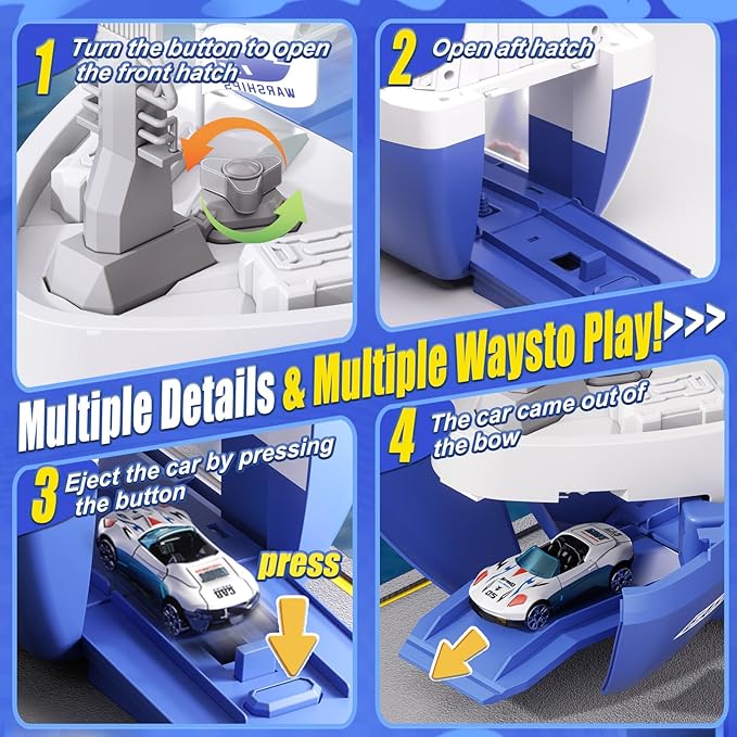 Toy Boat & Gantry Crane for Kids, Cruise Ship with 18 Mini Race Cars and 6 Containers, Cargo Ship Toy with Sounds and Lights, Boats Age 3 4 5 6 7 8 for Boys Girls Birthday Present