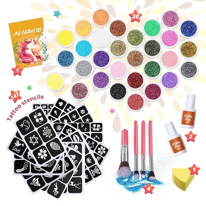 Glitter Tattoo Kit, Bledras 30 Colors Temporary Tattoo Set for Girls, 147 Stencils, 4 Brushes, 2 Glue, Glitter Tattoos for Kids or Adults, for Girls Boys, Carnival Birthday Festival Party