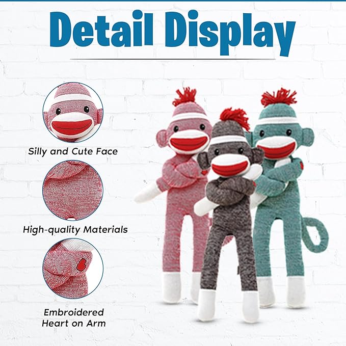 Adorable Sock Monkey Stuffed Animal - Pack of 3 - The Original Traditional Hand Knitted Plush Toy - Gift for Kids, Girls Boys Doll Present Puppet (20" Green, Pink, Brown)