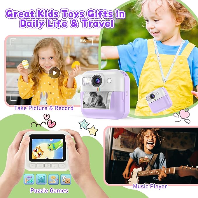 Kids Instant Print Camera, Christmas & Birthday Gift for Girls & Boys, Digital Camera with 32GB Card, 1080P Video, Portable Purple Toy for Ages 3-10