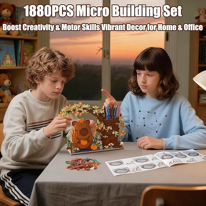 Capybara Building Blocks Set -1880PCS Cute Animals & Flowers Building Bricks Kit Kawaii Capybara Gifts Toy for Kids Age 6+, Capybara Stuff Pen Holder&Desk Organizer, Arts & Crafts for Boys Girls Adult