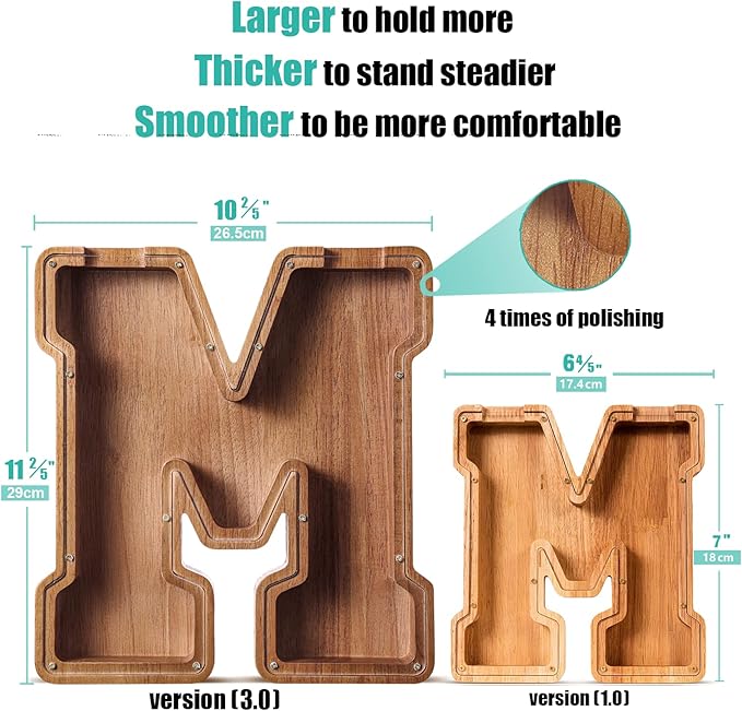 Summidate Large Wooden Piggy Bank for Kids Adults, Alphabets Letter A-Z Piggy Bank for Boys Girls, Coins Bills Change Bank Box Personalized Initial Name Kids Money Bank for Birthday Present and Decor