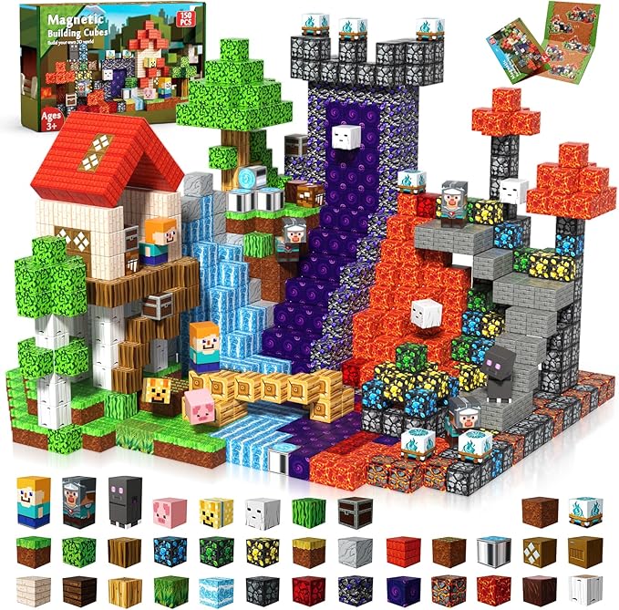 150 PCS Magnetic Blocks - Magnetic Building Block for Kids Ages 4-8 8-12, Magnet Blocks Cubes Tiles Constructions Toy for Girl Boy, STEM Montessori Stacking Toy, Sensory Play Halloweens Birthday Gifts