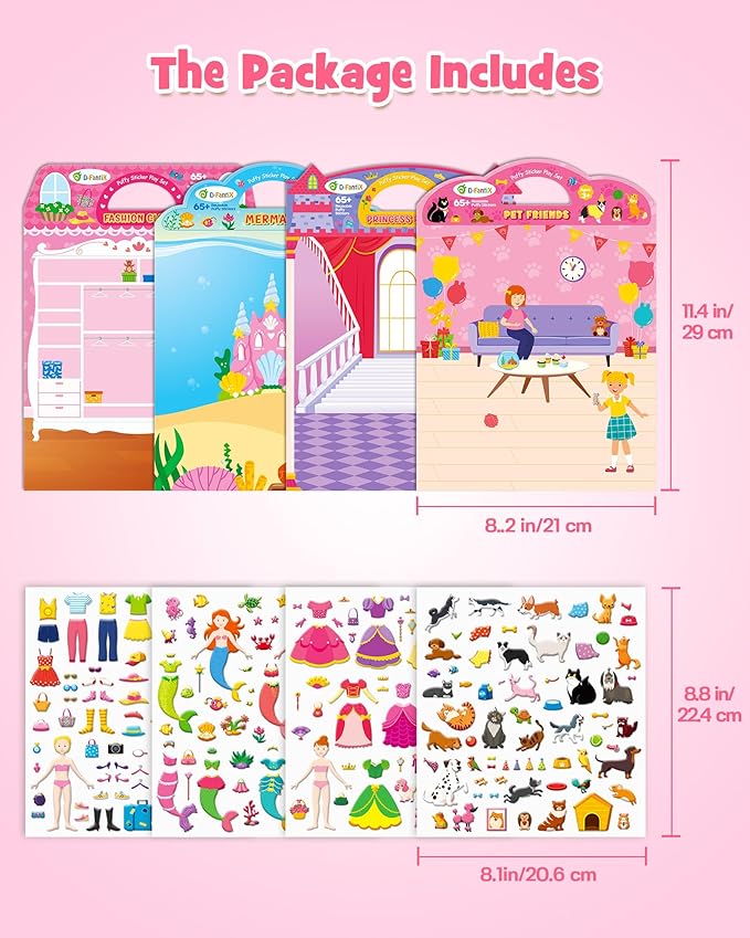 D-FantiX 3D Puffy Stickers for Toddlers 2-4 Years, Reusable Sticker Books for Girls Ages 4-8, Dress-Up, Princess, Mermaid, Pet, Car Road Trip Activities for Kids 3-5, Airplane Travel Essentials