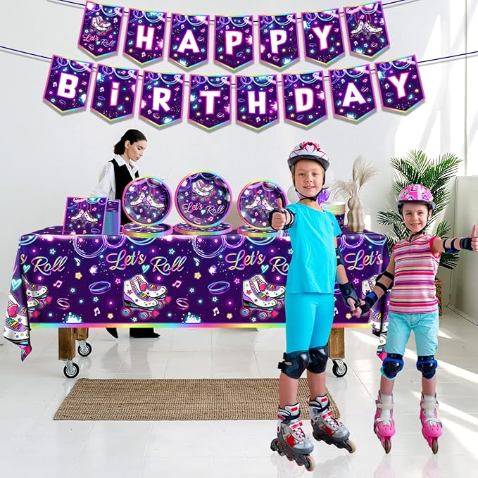 Roller Skating Party Supplies,142Pcs Roller Skating Party Decorations Tableware Set Include Plates Napkins Cups Banner Tablecloth for Let's Roll Birthday Birthday Party Decorations, Serve 20