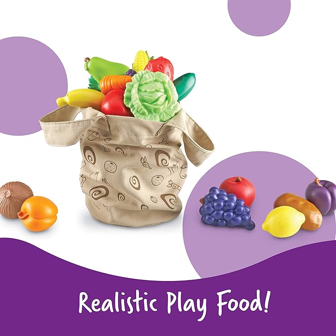 Learning Resources Fresh Picked Fruit And Veggie Tote, 17 Piece, Age 18 months+, Multicolor,8 L x 9 W in