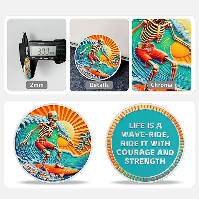 AtSKnSK Memento Mori Coin Momento Mori Coin Skull Coin Stoic Gifts Memento Mori Calendar Living Memento Mori Amor Fati Coin (Surfing Skeleton)