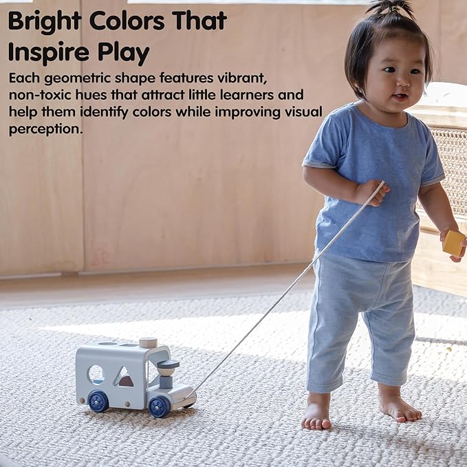 PlanToys Shape Sorting Bus Wooden Pull Toy - Non-Toxic, Sustainably-Made Pull Along Wooden Toy