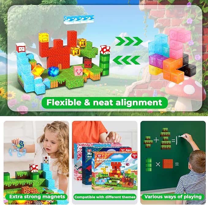 Goody King 200pcs Magnetic Blocks with Light Blocks, Educational Sensory Magnet Toy Gift, STEM Montessori Building Set for Kids Ages 3+, Creative Magnetic Cubes Construction Playset