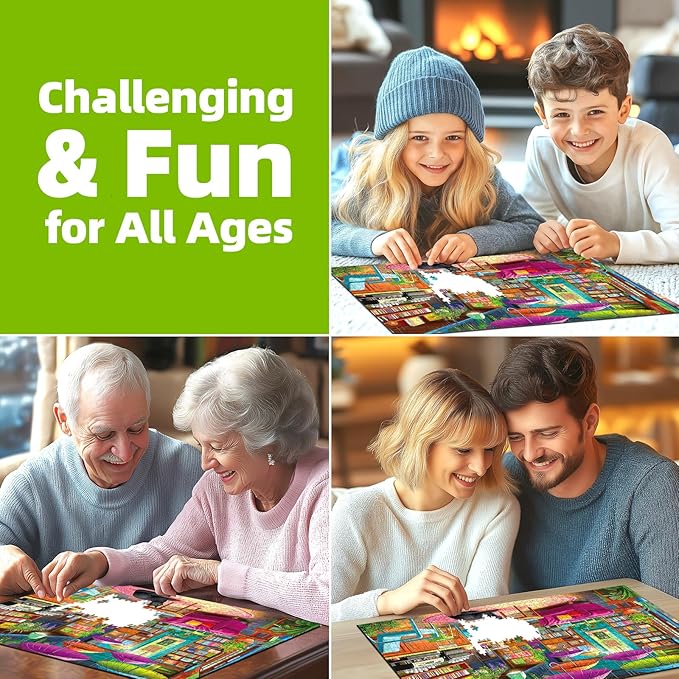 1000 Piece Jigsaw Puzzle for Adults Colorful Cozy Book Cafe Library Scene with Black Cat Puzzles with Letters on Back Fun for Seniors & Game Night Adult Games (27.5" x 19.7")