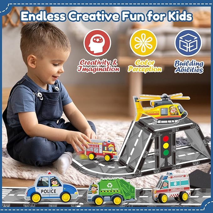 Oriate Rolling City Vehicle for Magnetic Tiles, Free Wheels Rescue Toy Cars Compatible with Road Magnet Tiles, Car Toys for Kids Urban Road Traffic Magnetic Tiles Toys, Educational Gift Boys Girls