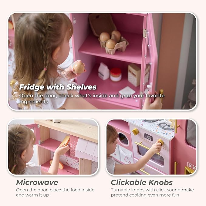 Teamson Little Chef Savannah Wooden Montessori Pretend Play Kitchen for Toddlers Kids Ages 3+ Modular Three-Piece Set with Sink Cart Stove & Fridge for Boys and Girls Playset – Pink