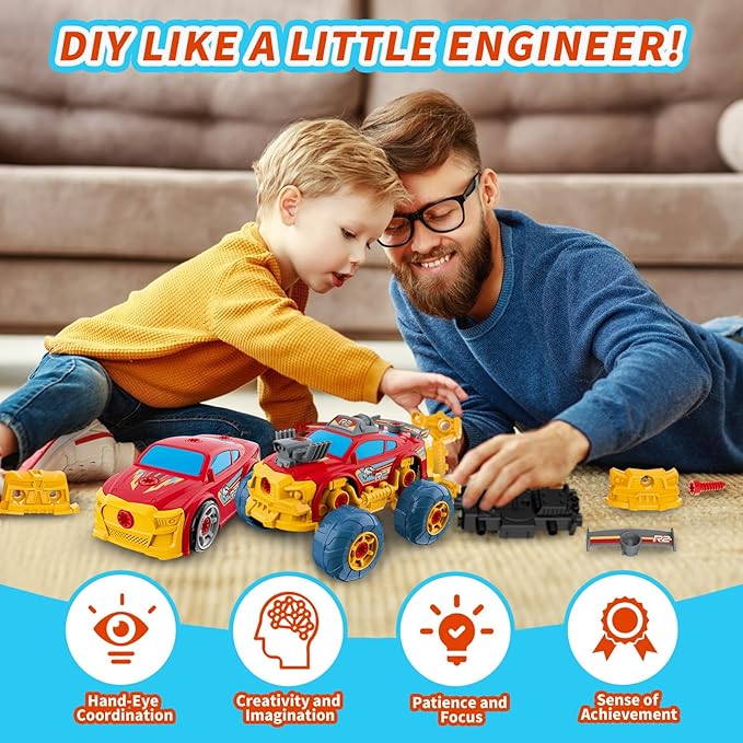 3-in-1 Take Apart Car for Boys with Electric Drill, 46Pcs Construction Toy Truck, Build Your Own Toy Car with Play Tools, Ideal STEM Gift for Kids Children Ages 3 4 5 6 7 8 9 Year Old Red