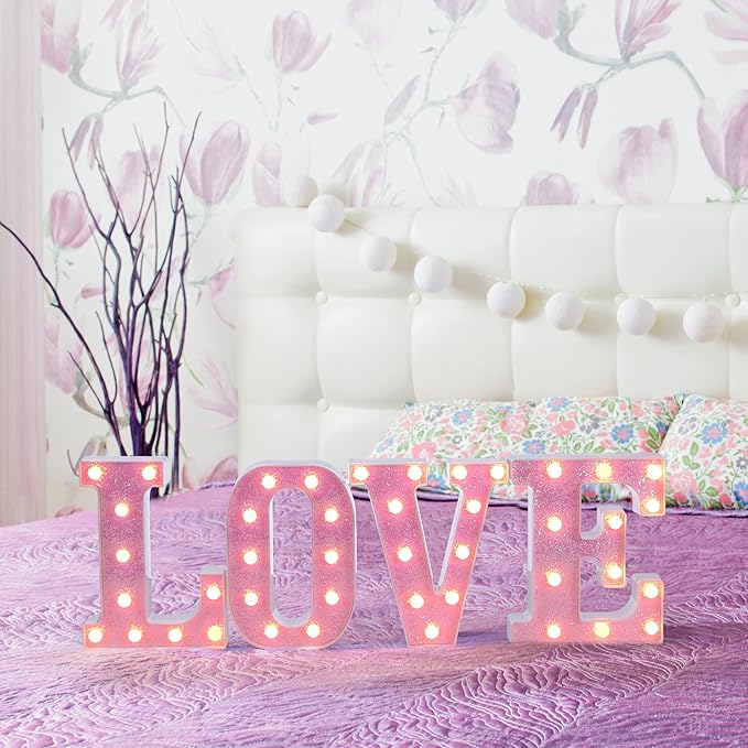 Foaky Pink Light up Letters，Pink Party Decorations,Girls Room Decor,Glitter Light Up Letters,Alphabet Letter Sign for Night Light Birthday Party Girls Gifts, Home Bar Decoration（H）