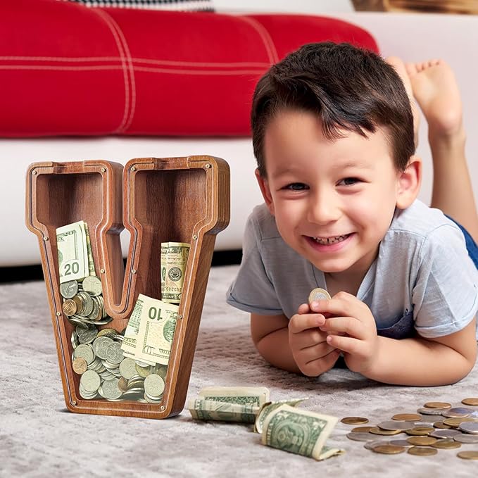 Summidate Customized Name Extra Large Wooden Piggy Bank for Kids Boys Girls Alphabets Letter A-Z Coins Bills Money Change Saving Box Clear Cover (Laser Engraved) Educational Toys 12"- Letter V