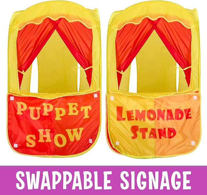 Playbees Puppet Show Pop-Up Play Tent w/Front Stage Toddler Playhouse Theater Pretend Play Tent Kids - Indoor & Outdoor Children Dramatic Furniture Swappable Velcro to Lemonade Stand w/Carry Bag