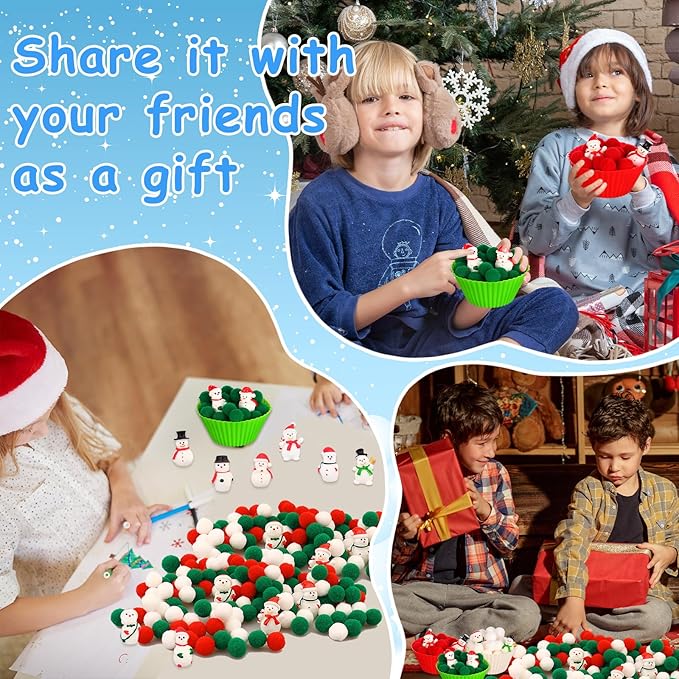 277 PCS Christmas Sensory Bin Filler Winter Sensory Bin Items 240 Pompoms 24 Resin Xmas Snowman 6 Cups 6 Tweezers 1 Storage Box for Winter Christmas Sorting Counting Training Education Activities