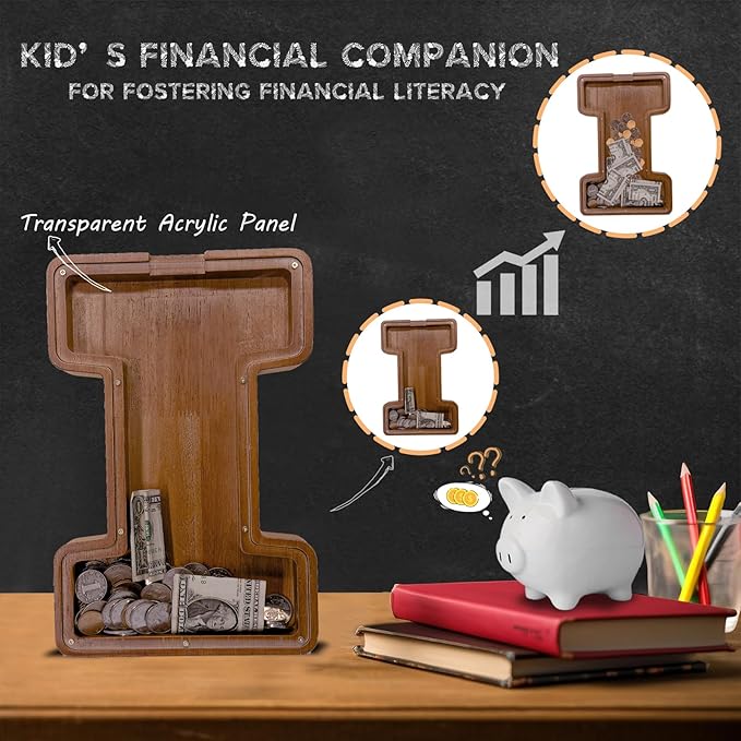 Wooden Letter Piggy Bank for Kids Larger Letter Piggy Bank for Boys and Girls Personalized Piggy Bank Initial Coin Bank Wood Kids Money Bank for Birthday and Festival