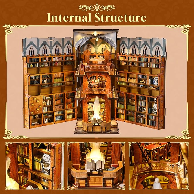 DIY Book Nook Kit, Miniature Dollhouse Booknook Kit, 3D Wooden Puzzle for Teens and Adults, Bookend Bookshelf Insert with LED Light (Public Library)