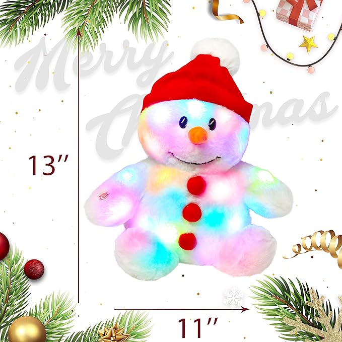 Cuteoy Light-up Singing Plush Snowman LED Musical Stuffed Animal Adjustable Volume Lullaby Plushies Birthday Christmas Toy Gifts for Kids Toddler Girls, 13"