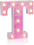 Foaky Pink Light up Letters，Pink Party Decorations,Girls Room Decor,Glitter Light Up Letters,Alphabet Letter Sign for Night Light Birthday Party Girls Gifts, Home Bar Decoration（T）