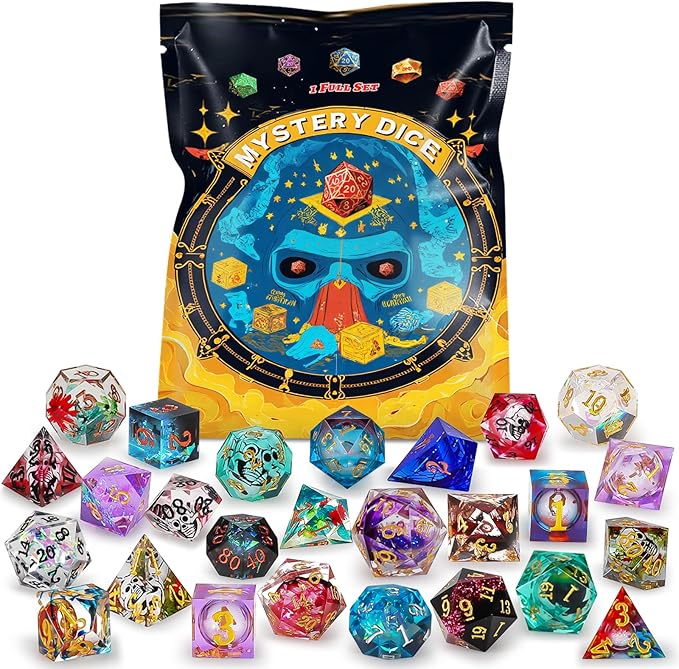 QMAY Resin Mystery Dice Set, 7 Pcs Handmade Sharp Edge Polyhedral Dice, Random Various Styles DND Dice & Dice Bag, DND Gifts, Suitable for Dungeons and Dragons, RPG, MTG,Role Playing Table Game