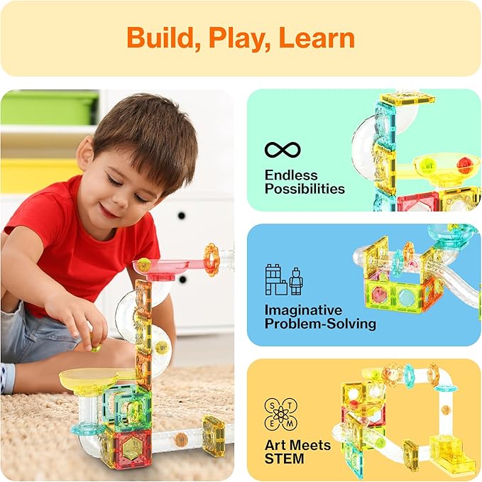 PicassoTiles Magnet Tile Building Block 80pc Marble Run Race Track Travel Size Pretend Play Toy With Launcher Lifter STEM Education Learning Magnetic Tiles Construction Kit School Boys Girls 3+ PTMG80