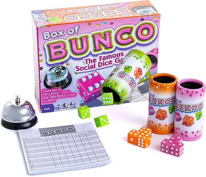Continuum Games Box of Bunco Game Party Box for Ladies Night with The Girls, Adult Games for 2-12 players with 3 Sets of Bunco Dice, Bell, and Score Pad for Ladies Night Games, Bunco Gifts for Women