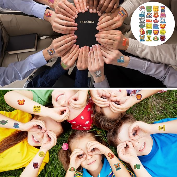 Landhoow 240 Pcs Jesus Loves You Tattoos Temporary for Kids Glitter Face Tattoos Cool Body Sticker Costume Accessory for Adults Boys Girls Party Favor