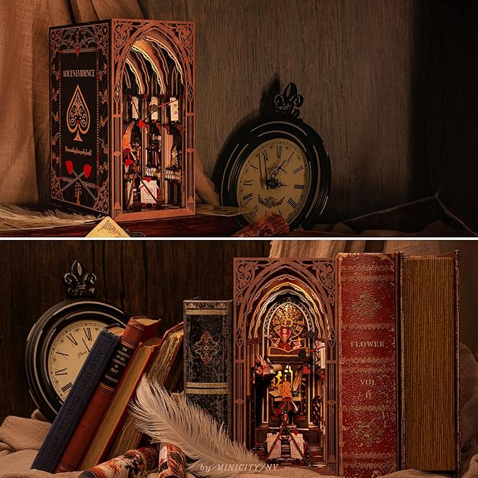 DIY Book Nook Kit, 3D Wooden Puzzle for Teens and Adults, Miniature Dollhouse Booknook Bookend Bookshelf Insert Decor with LED Light (Alice's Evidence)