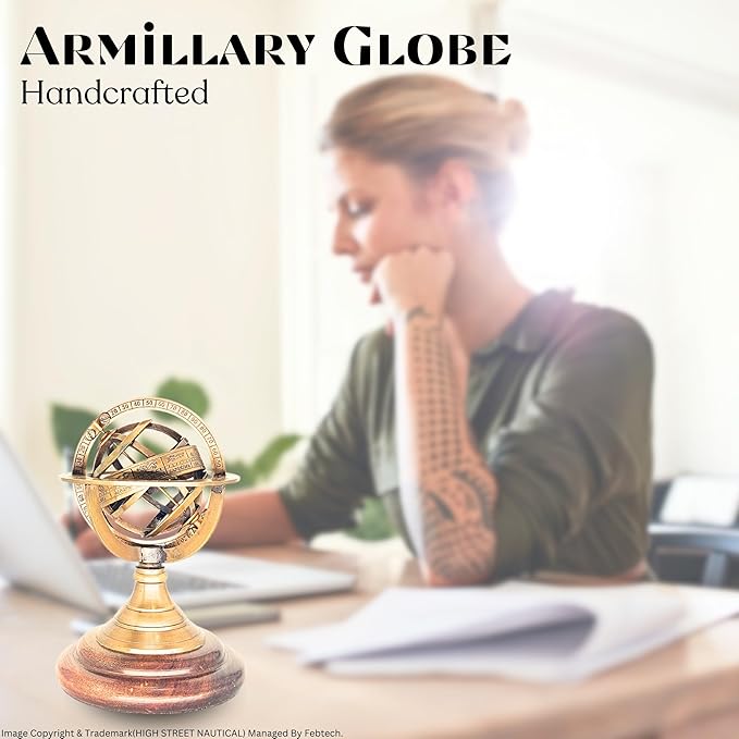 Antique Style Nautical Brass Armillary Sphere World Globe Astrolabe Mounted on Wooden Base - Perfect Decor Accent for Office