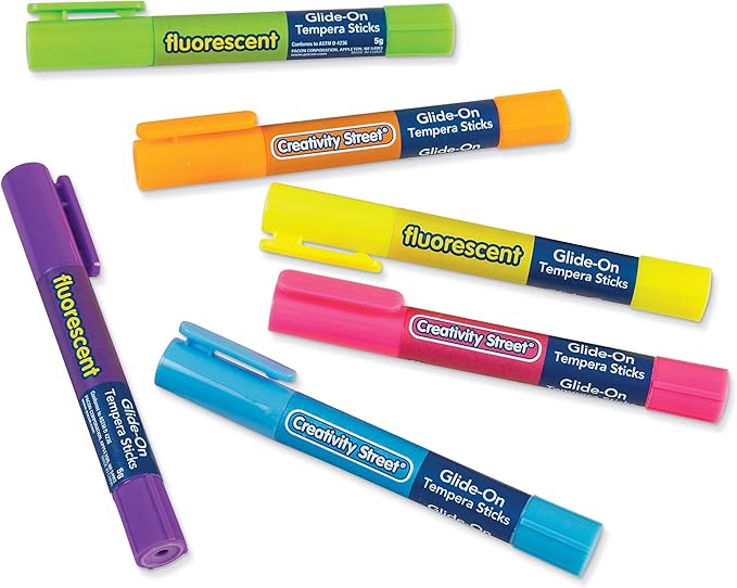 Creativity Street Glide-On Tempera Paint Sticks, 6 Assorted Fluorescent Colors, 5 Grams, 6 Count