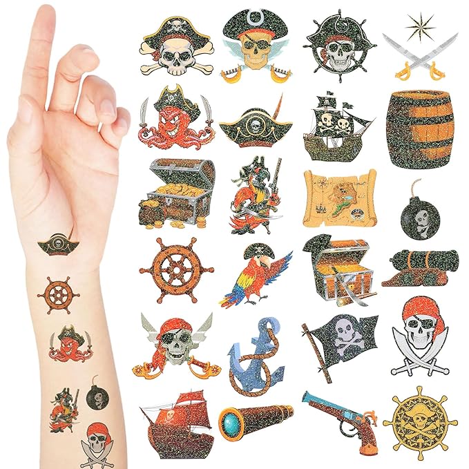 Landhoow 240 Pcs Pirate Tattoos Temporary for Kids Glitter Face Tattoos Cool Body Sticker Costume Accessory for Adults Boys Girls Party Favor