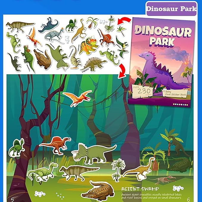 Sticker Book for Kids, 230+ Dinosaur & 250+ Animal Stickers & 16 Scenes, Reusable Activity Sheet, Seek and Find Sticker Coloring Pad, for Boys Girls Toddlers Ages 2-4 4-8 Years Old 3-5 6-7
