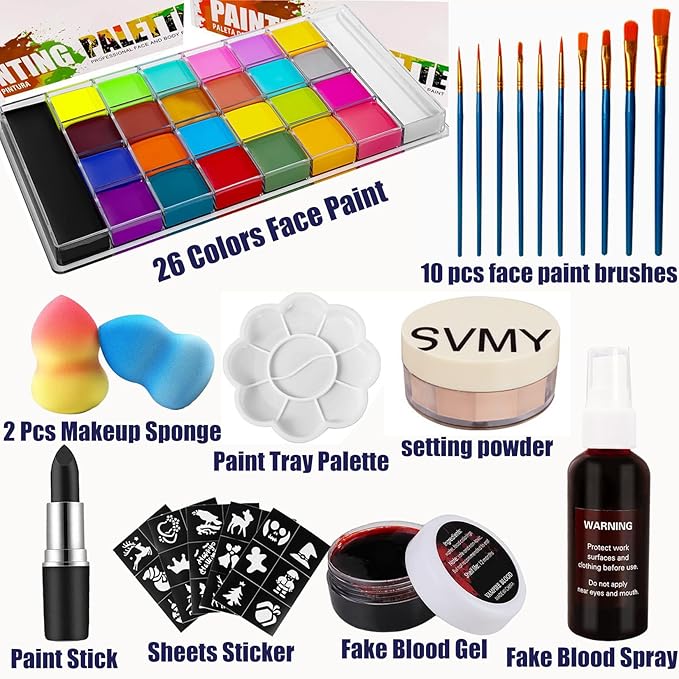 26 Colors Face & Body Paint Palette Kit ,Halloween Makeup Kit, face painting kit professional, Ideal for Halloween Cosplay Party SFX Arty Stage Makeup(26-Colors Set)