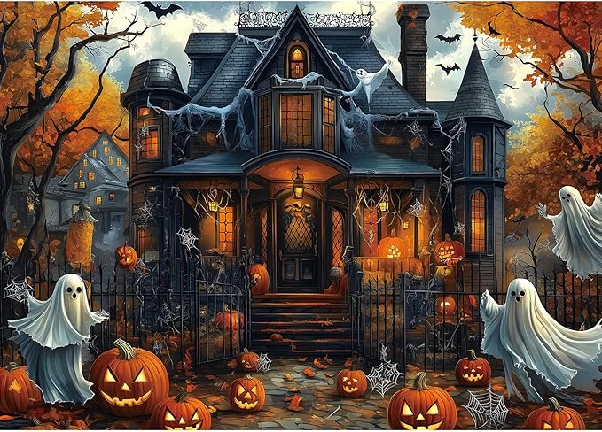 Halloween Haunted House 1000 Piece Jigsaw Puzzle for Adults Spooky Ghosts & Pumpkins Gothic Mansion Challenging 1000-Piece Puzzle with Poster - Fun Adult Puzzle Game for Game Night (27"x20")