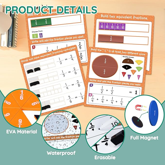 ZKOO Magnetic Fraction Tiles & Fraction Circles Activity Set, Math Manipulatives for Elementary School, Math Learning Magnets Puzzles, School Educational Resources Classroom Educational Kit