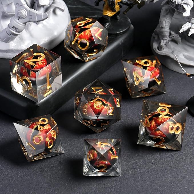 Resin Dragon Eye Dice Set,DNDND 7PCS Sharp Edge D&D Dice with Gorgeous Gift Case for Dungeons and Dragons Talbel Game (Red Dragon Eye)