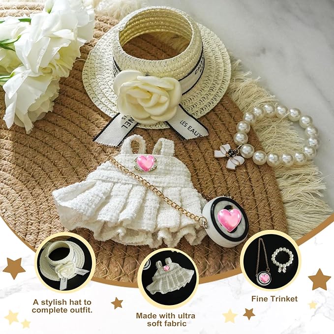 17cm Doll Clothes Set with Fashion Accessories - Premium Luxury Baby Doll Outfits & Designer Clothes Bundle, Unique Fashion Style Dresses with Hat & Pearl Necklace & Bag Accessories (White)
